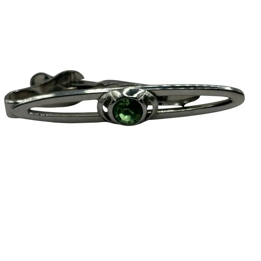 Swank Tie‎ Clip Bar Green Rhinestone Silver Tone Vintage Open Work Design Retro